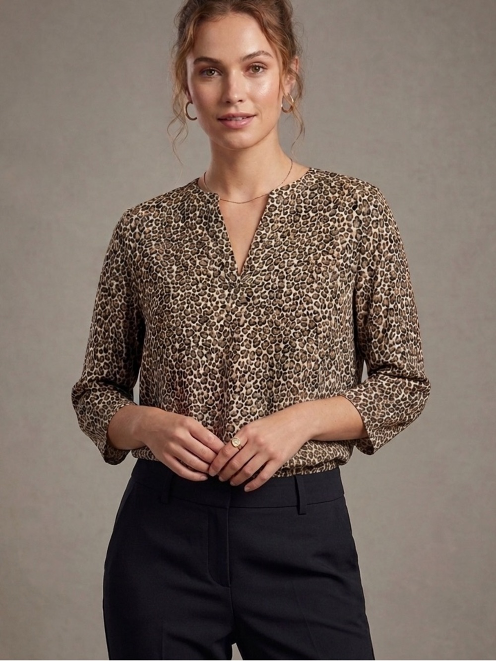 Jasmine & Juliana Leopard animal Print V-Neck Top in Brown and Cream